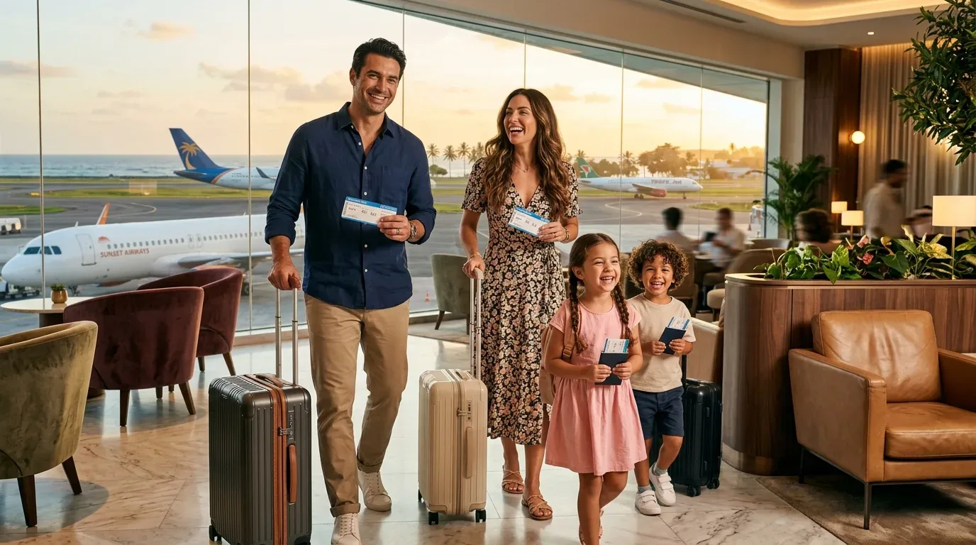 Familia feliz con tickets de viaje - Programa Residencial Turístico